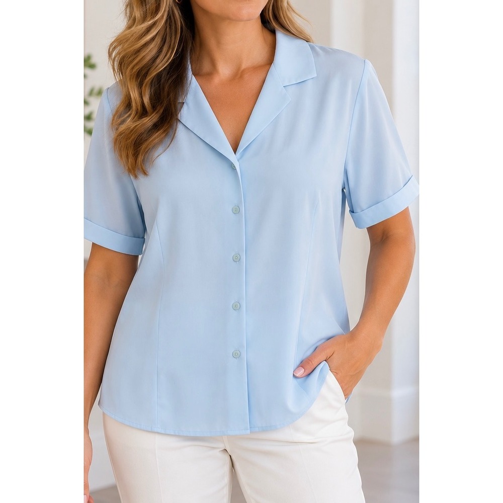 Laura Scott Women Light Blue Short Sleeve Button Down Blouse Size 16 Camp Collar